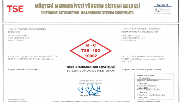 MÜŞTERİ MEMNUNİYETİ YÖNETİM SİSTEMİ BELGESİ