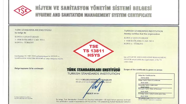 HİJYEN VE SANİTASYON YÖNETİM SİSTEMİ BELGESİ