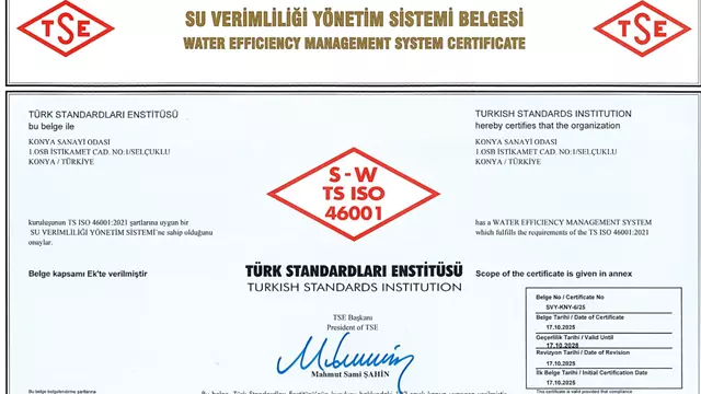 SU VERİMLİLİĞİ YÖNETİM SİSTEMİ BELGESİ
